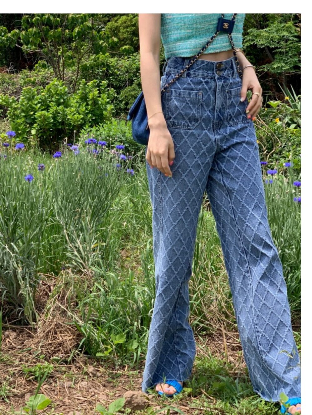 Seooocookie High-Waisted Checked Flared Jeans Size XS